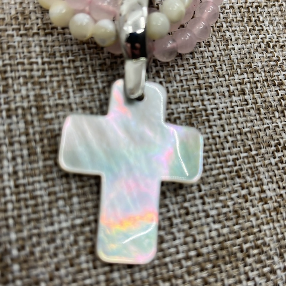 Vintage Rose Quartz Pearl Necklace Set - Mother-of-Pearl Cross Pendant - Picture 15 of 16